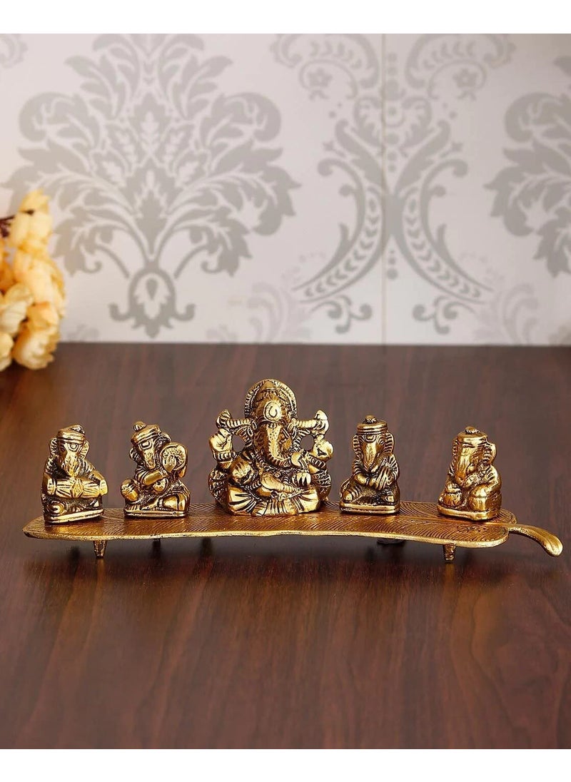 Stotram Stotram Metal Brass Musical Instrumental Lord Ganesh on Banana Leaf Handicraft Idol Gift Item Set of 5 Ganeshas Playing Divine Music  - Image 3