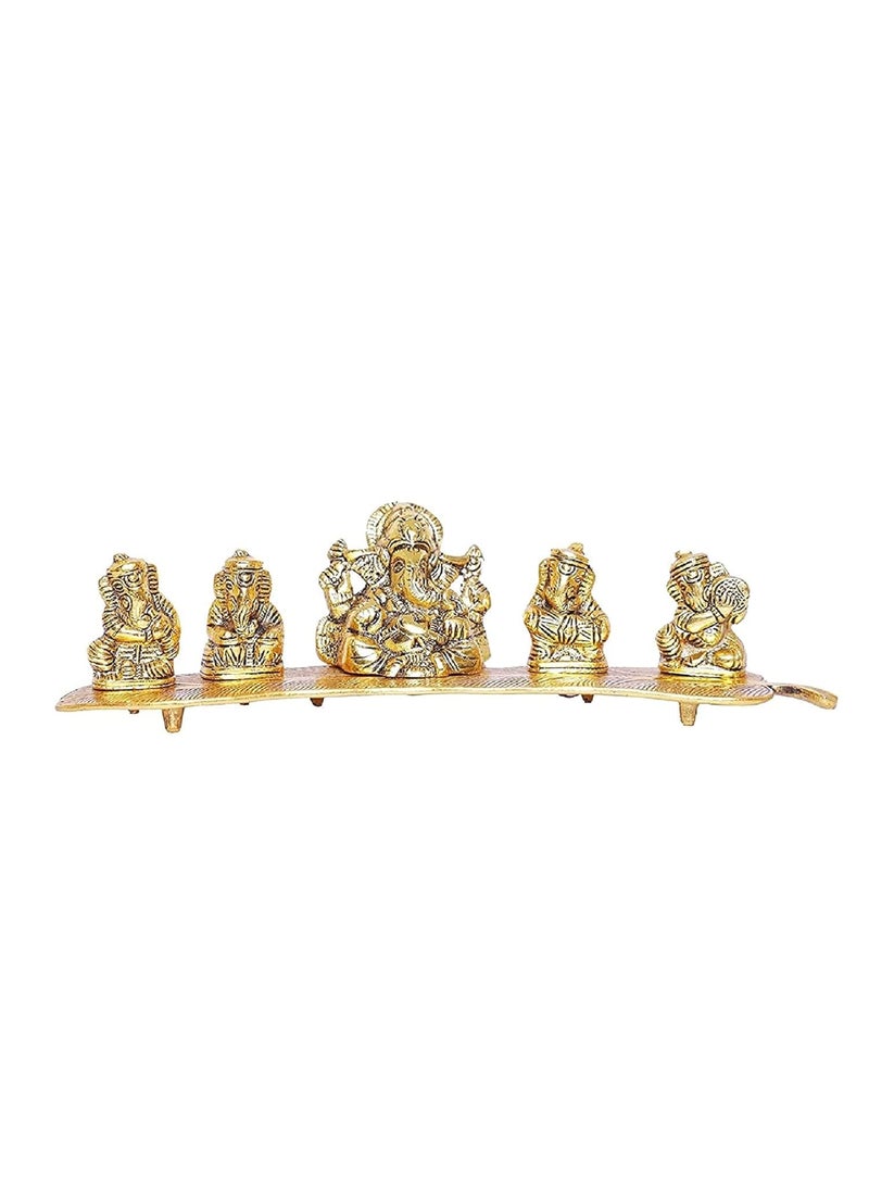 Stotram Stotram Metal Brass Musical Instrumental Lord Ganesh on Banana Leaf Handicraft Idol Gift Item Set of 5 Ganeshas Playing Divine Music  - Image 1