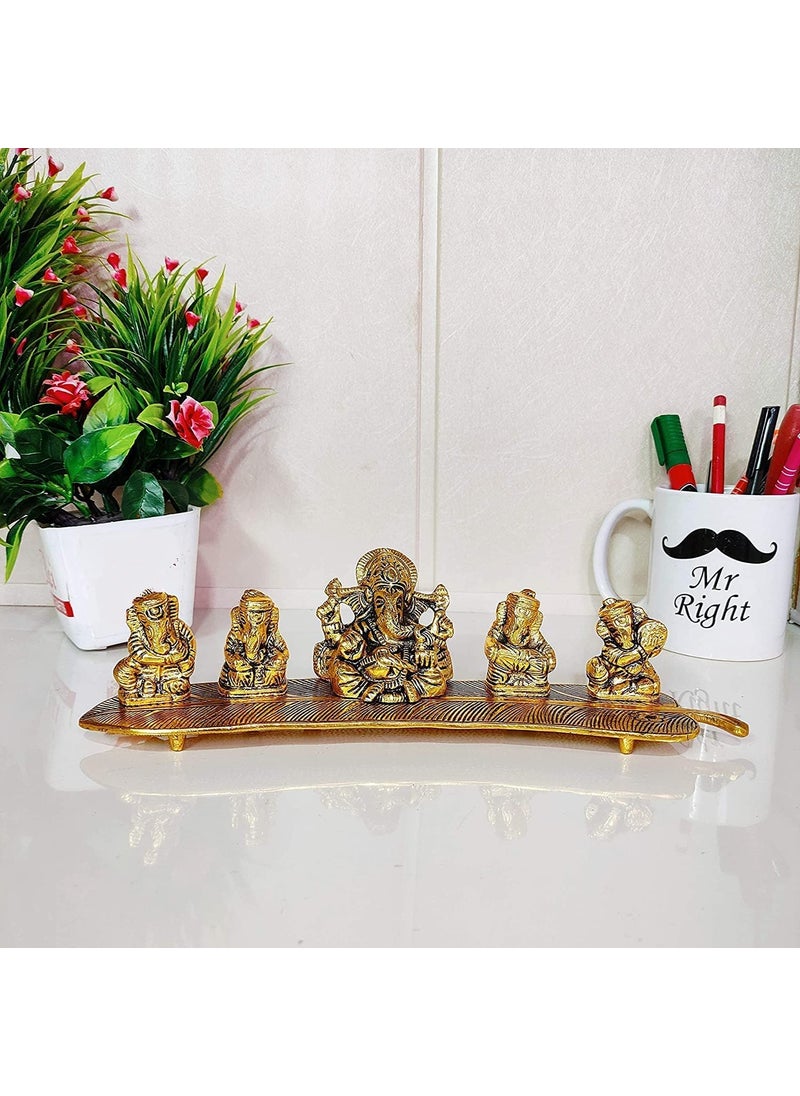Stotram Stotram Metal Brass Musical Instrumental Lord Ganesh on Banana Leaf Handicraft Idol Gift Item Set of 5 Ganeshas Playing Divine Music  - Image 5