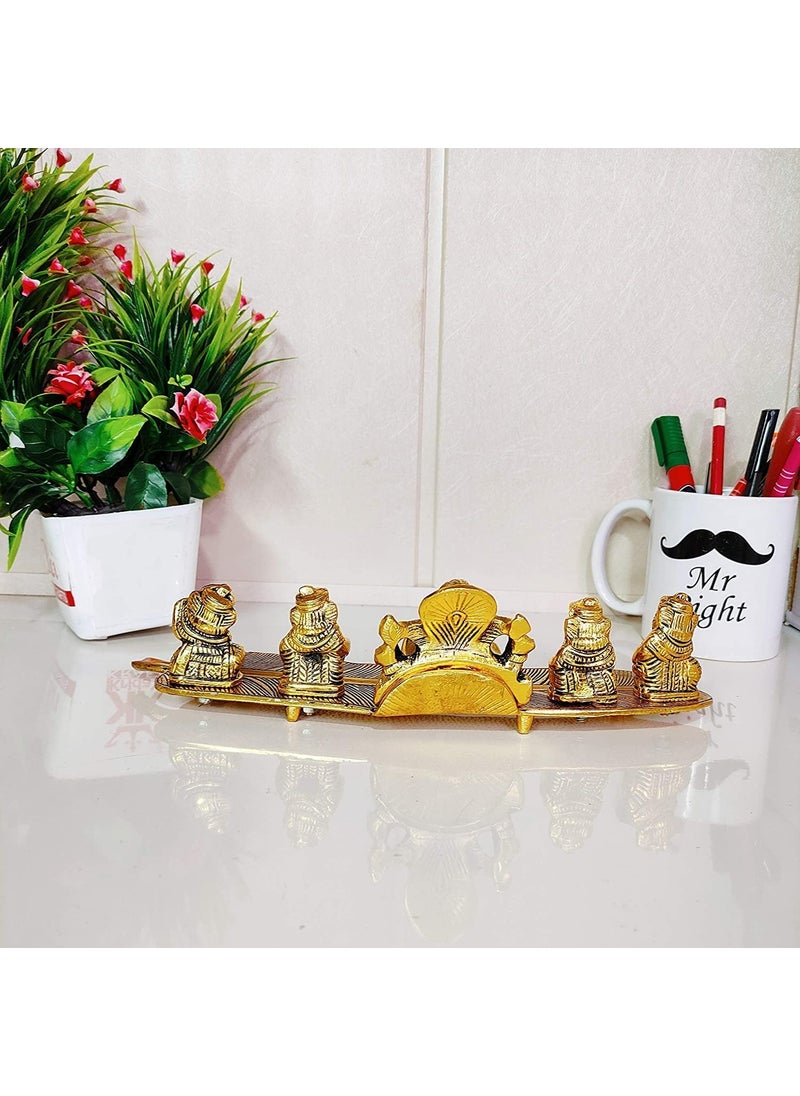 Stotram Stotram Metal Brass Musical Instrumental Lord Ganesh on Banana Leaf Handicraft Idol Gift Item Set of 5 Ganeshas Playing Divine Music  - Image 4