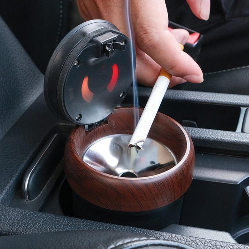 Wood Grain Car Ashtray With LED Light Detachable Lighter Portable - Image 3