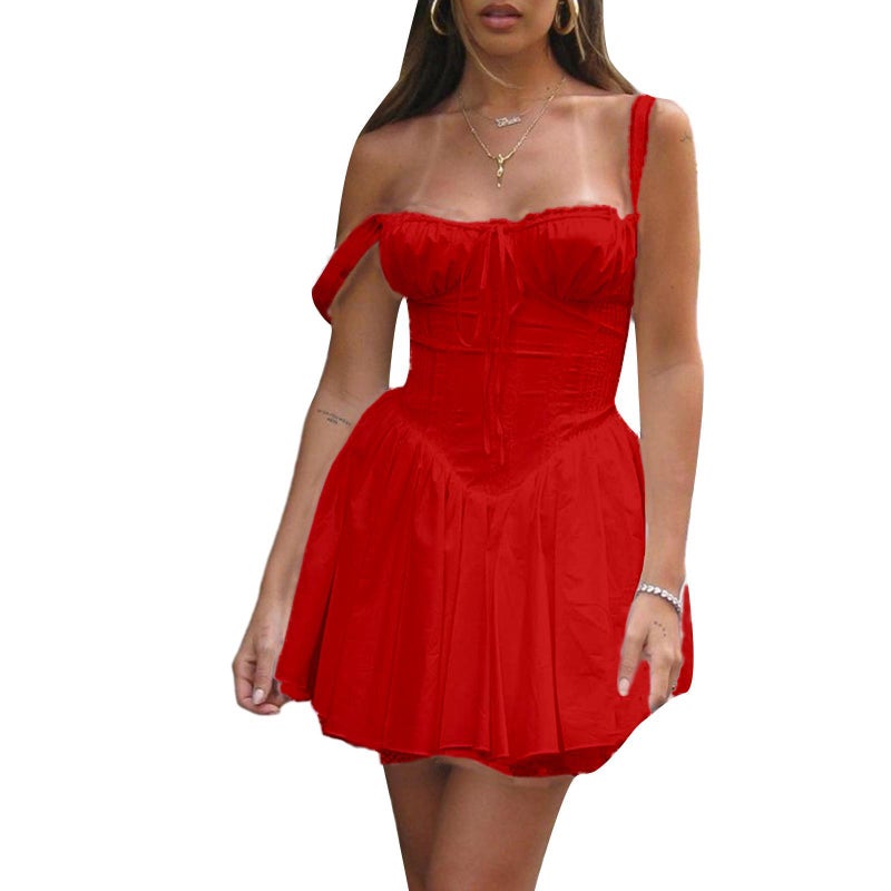 Cross-border Foreign Trade New Summer Womens Sexy Lace-up Spice Girl Skirt European and American Style Fish Bone Suspenders Womens Dress Red - Image 1