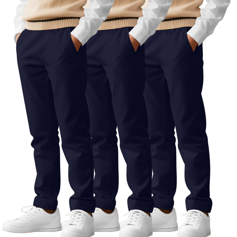 LessonZoo 3 Pack Boys' School Uniform Pants 6-14Y Elastic Waist Stretch Youth Trousers with Pockets Straight Fit for Kids (6-7 Years,Navy Blue, Navy Blue, Navy Blue) - Image 1