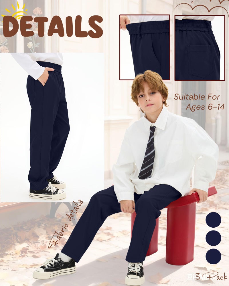 LessonZoo 3 Pack Boys' School Uniform Pants 6-14Y Elastic Waist Stretch Youth Trousers with Pockets Straight Fit for Kids (6-7 Years,Navy Blue, Navy Blue, Navy Blue) - Image 2