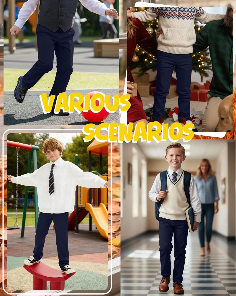LessonZoo 3 Pack Boys' School Uniform Pants 6-14Y Elastic Waist Stretch Youth Trousers with Pockets Straight Fit for Kids (6-7 Years,Navy Blue, Navy Blue, Navy Blue) - Image 4