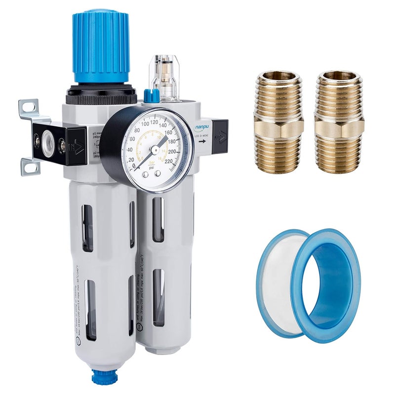 NANPU 3/8" NPT High Pressure Compressed Air Filter Regulator Lubricator Combo, Water/Oil Trap Separator - Gauge(0-230 psi), Poly Bowl,Semi-Auto Drain, Bracket- 3 in 1 Two Unit - Image 1