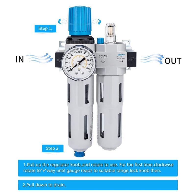NANPU 3/8" NPT High Pressure Compressed Air Filter Regulator Lubricator Combo, Water/Oil Trap Separator - Gauge(0-230 psi), Poly Bowl,Semi-Auto Drain, Bracket- 3 in 1 Two Unit - Image 4