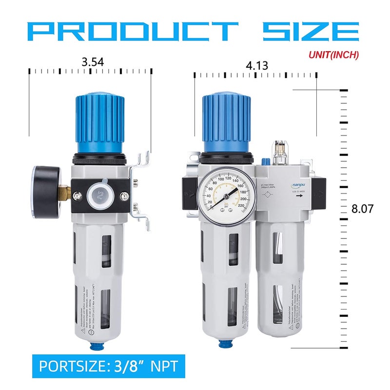 NANPU 3/8" NPT High Pressure Compressed Air Filter Regulator Lubricator Combo, Water/Oil Trap Separator - Gauge(0-230 psi), Poly Bowl,Semi-Auto Drain, Bracket- 3 in 1 Two Unit - Image 3