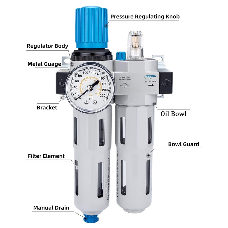NANPU 3/8" NPT High Pressure Compressed Air Filter Regulator Lubricator Combo, Water/Oil Trap Separator - Gauge(0-230 psi), Poly Bowl,Semi-Auto Drain, Bracket- 3 in 1 Two Unit - Image 2