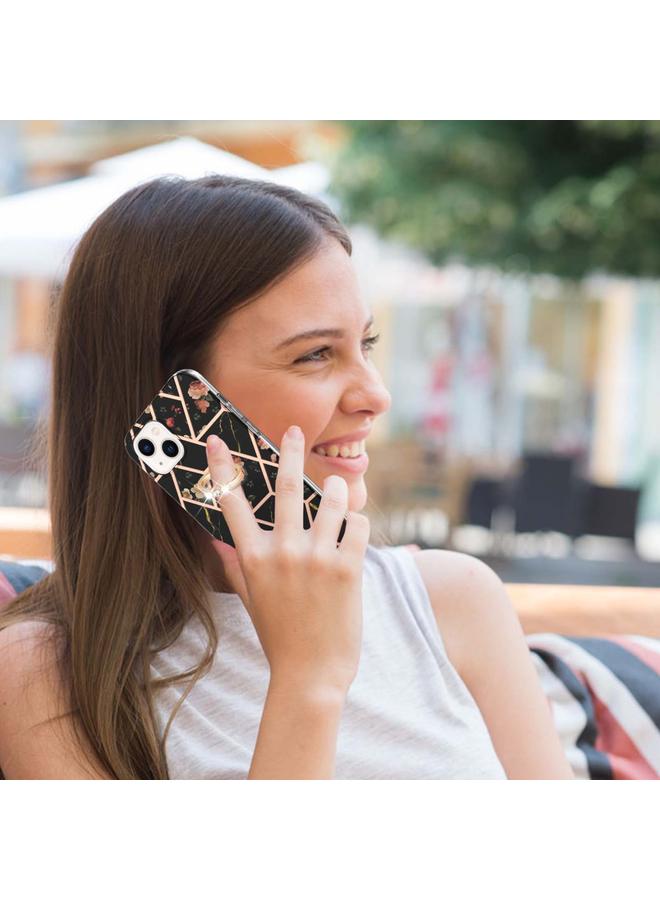 اس-توب جراب لهاتف iPhone 15 Plus مصنوع من مادة TPU المقاومة للصدمات بتصميم زهور رخامية مطلية بالكهرباء مع حامل حلقي من حجر الراين - Image 4