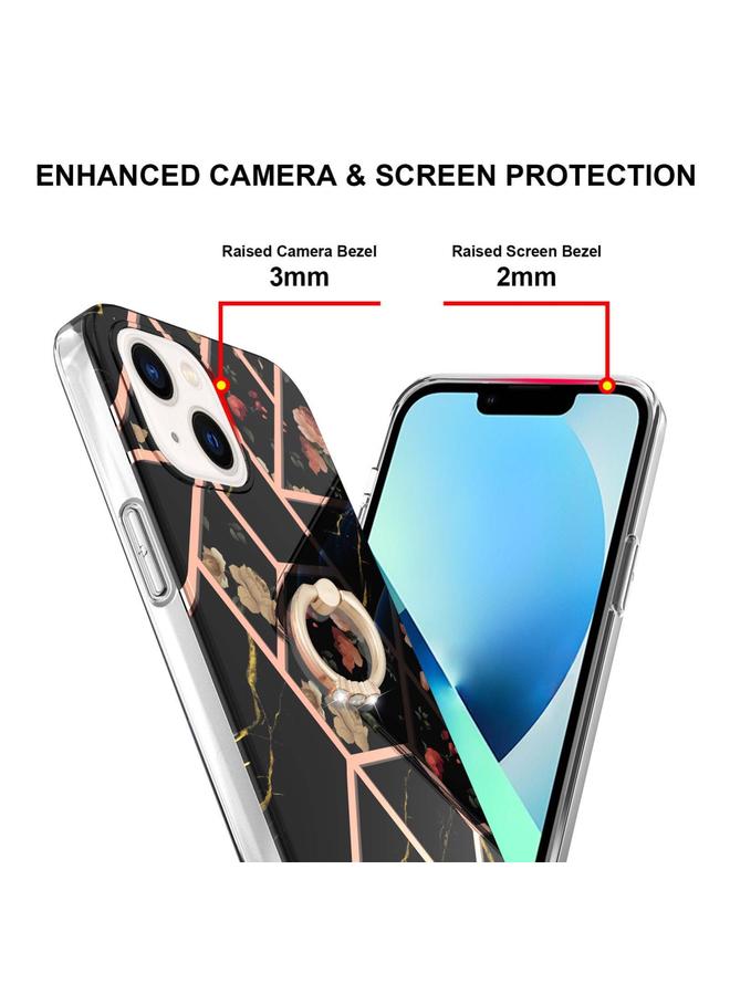 اس-توب جراب لهاتف iPhone 15 Plus مصنوع من مادة TPU المقاومة للصدمات بتصميم زهور رخامية مطلية بالكهرباء مع حامل حلقي من حجر الراين - Image 3
