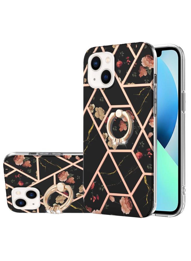 اس-توب جراب لهاتف iPhone 15 Plus مصنوع من مادة TPU المقاومة للصدمات بتصميم زهور رخامية مطلية بالكهرباء مع حامل حلقي من حجر الراين - Image 1