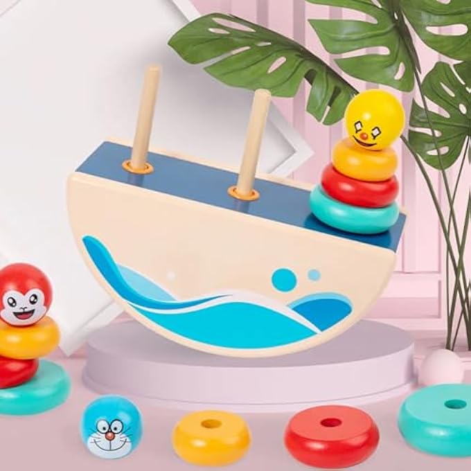 WOODEN SEE SAW STACKING TOYS FOR KIDS, MONTESSORI BUILDING BLOCKS TOY FOR TODDLERS WITH 9 COLOURFUL RINGS, LEARNING EDUCATIONAL GAME PRETEND PLAY SETS FOR CHILDREN AGE 2 3 4+ YEARS BOYS GIRLS - Image 1