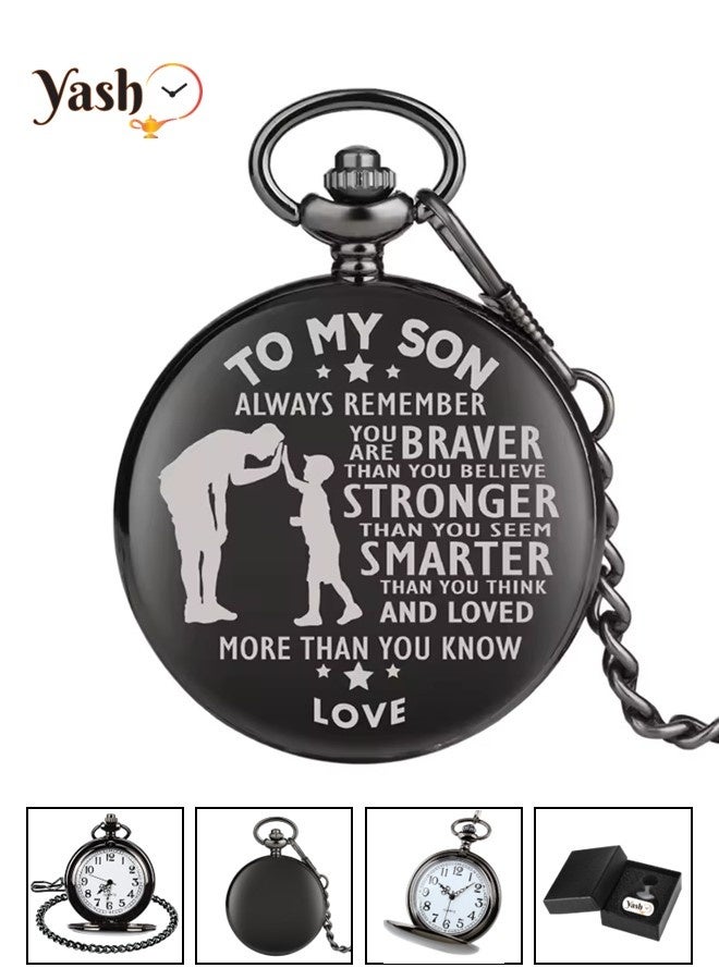 Yash Vintage Pocket Watch for Son Quartz Black Timepiece with Chain and Classic Packaging – A Perfect Gift - Image 1