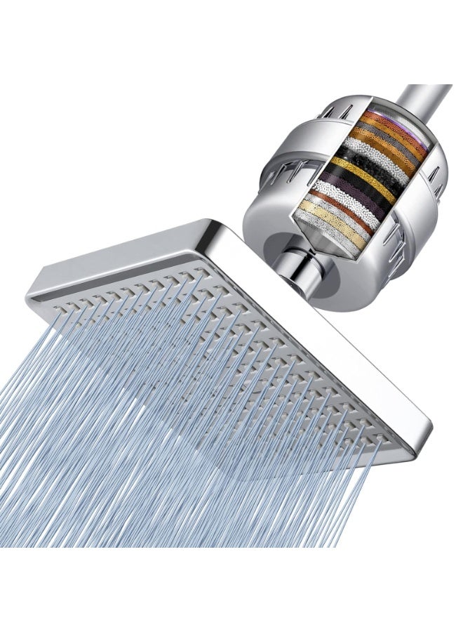 رأس دش مُفلتر - فلتر دش مطري فاخر بـ 20 مرحلة للمياه العسرة لإزالة الكلور والمواد الضارة - رأس دش مطري عالي الضغط مربع 6 بوصات (كروم) (نيكل مصقول) - Image 1