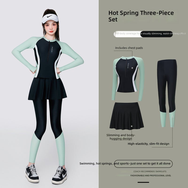Women's 3-Piece Long Sleeve Swimsuit Set Tummy Control Modest Swimwear for Hot Spring – Black-Green /  Black-Grey - Image 1