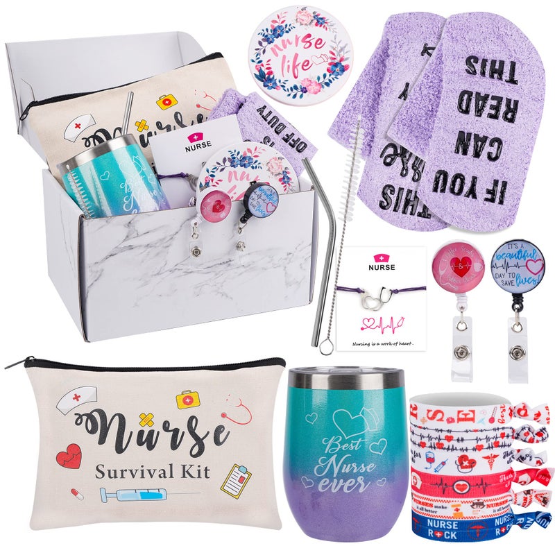 Kolewo4ever 13pc Nurse Appreciation Gift Set CNA Week Gifts with Wine Tumbler Gift Box for Women Nurse Practitioner Graduation Week
