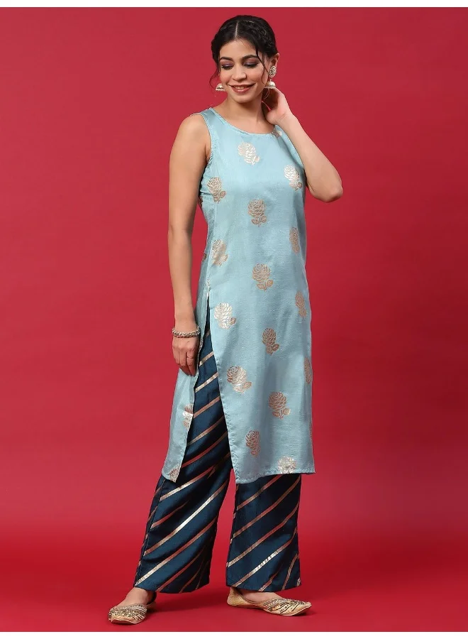 AKS Blue & Gold Printed Kurta & Palazzo With Dupatta Set