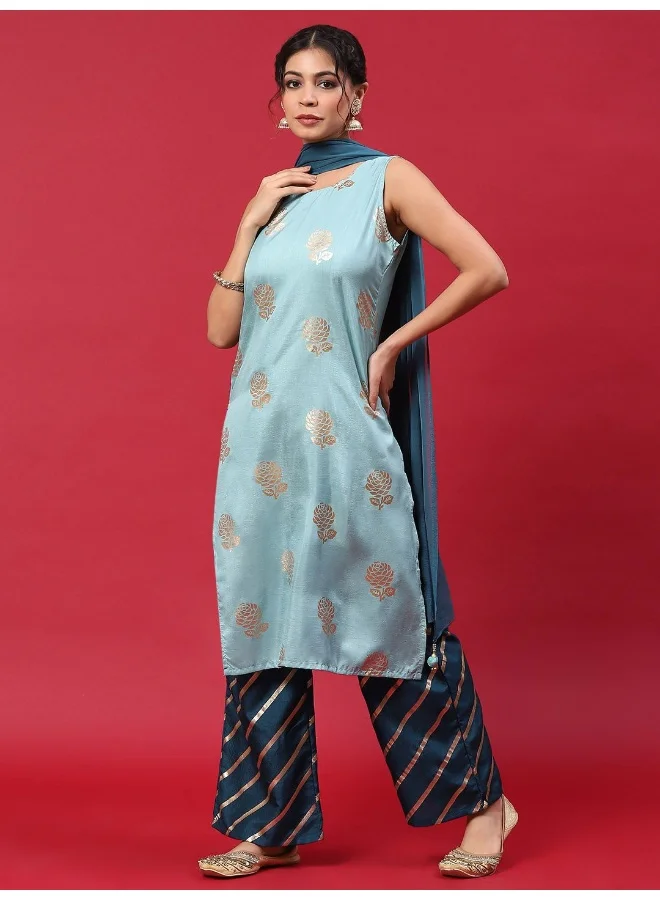 أيه كيه إس Blue & Gold Printed Kurta & Palazzo With Dupatta Set