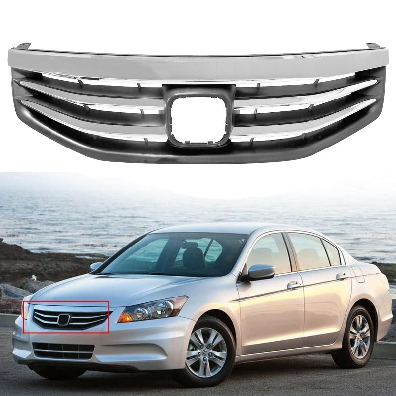DIBON AUTO Chrome Front Bumper Grille Hood Grill Compatible For Honda Accord 4 Door Sedan 2011 2012 HO1200203