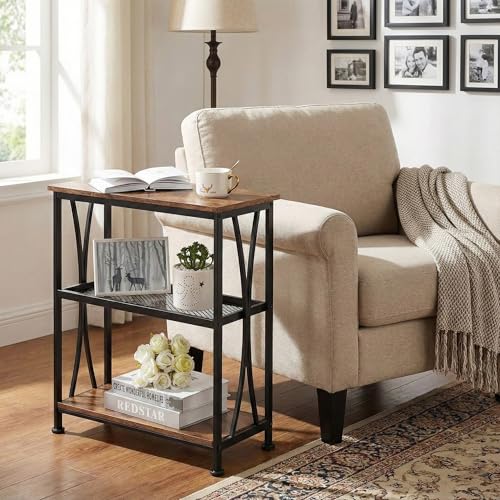 GIOPACO Wood Narrow End Table,20" Long Side Table With 3 Tier Storage Shelves, Small Hallway Table?Industrial Rustic Accent Skiny Slim Couch Beside Table For Small Spaces,Rustic Brown - Image 2