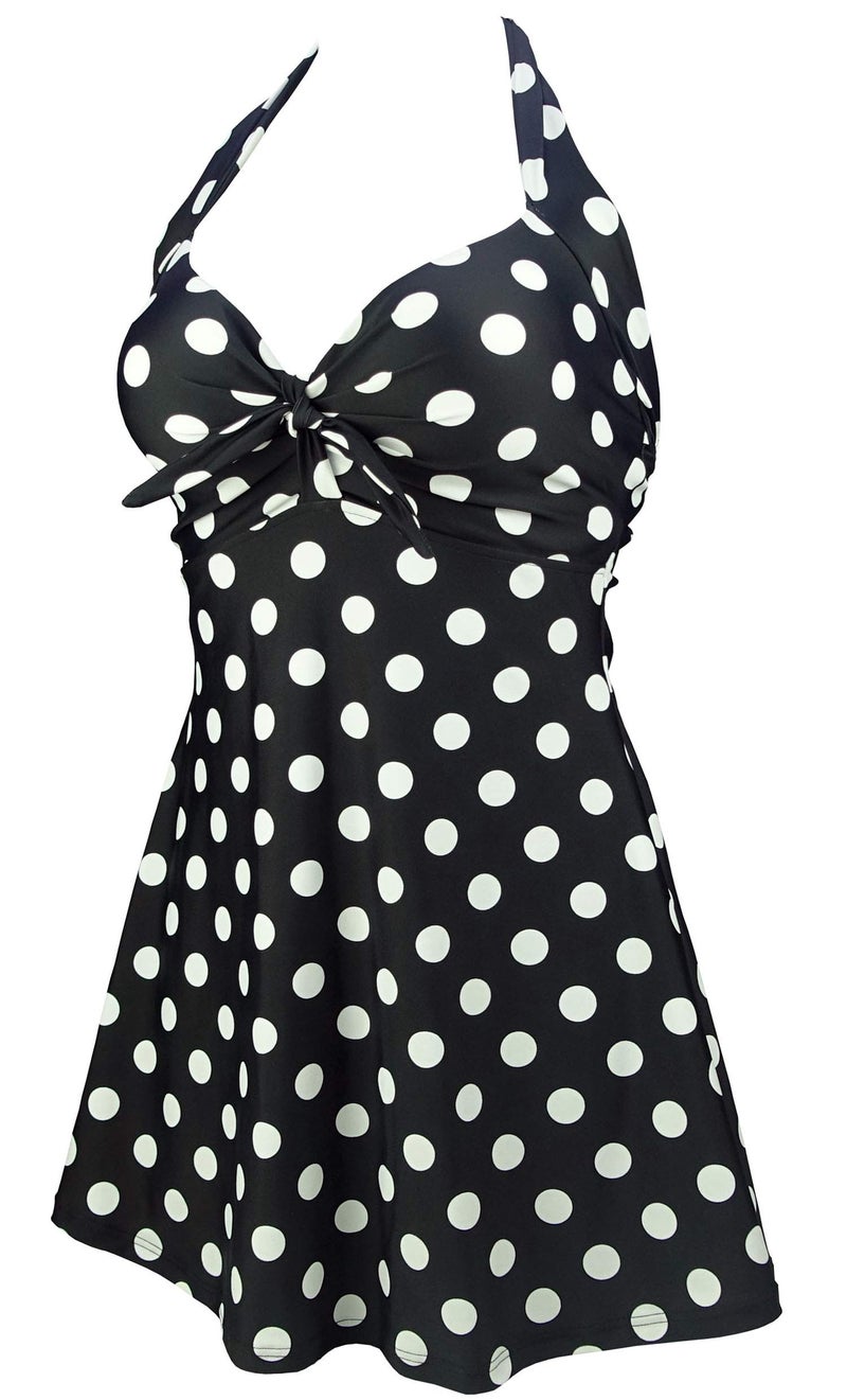 COCOSHIP Black & White Big Polka Dots Retro Sailor Pin Up Swimsuit One Piece Skirtini Cover Up Cruise Swimdress Swimwear XXL(US14) - Image 2