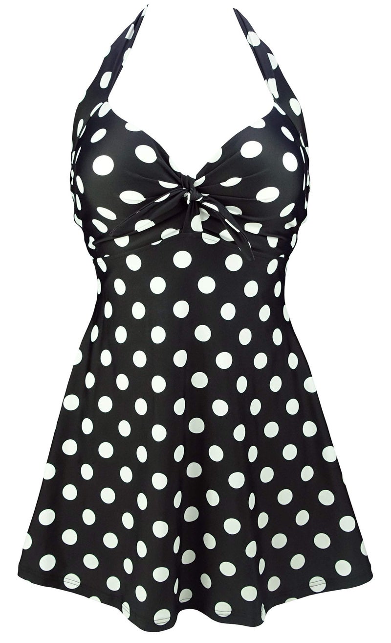 COCOSHIP Black & White Big Polka Dots Retro Sailor Pin Up Swimsuit One Piece Skirtini Cover Up Cruise Swimdress Swimwear XXL(US14) - Image 1