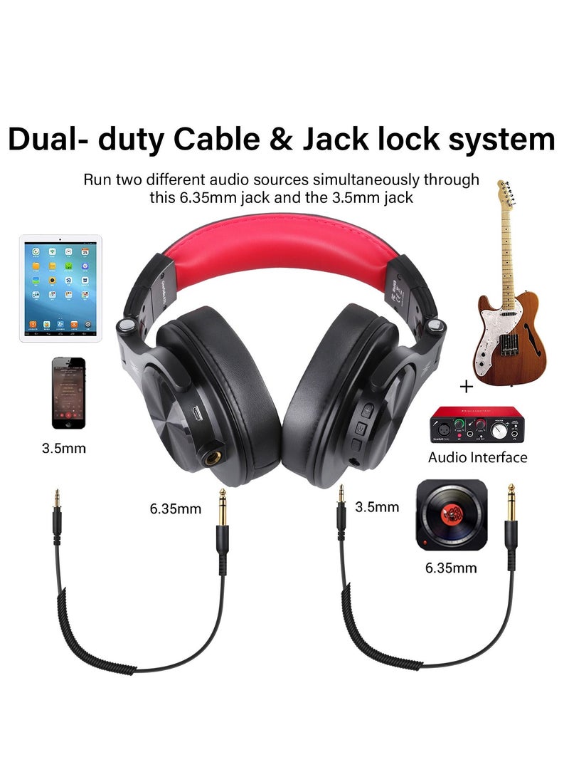 OneOdio A70 Bluetooth Over Ear Headphones, Wireless Headphones w/ 72H Playtime, Hi-Res, 3.5mm/6.35mm Wired Audio Jack for Studio Monitor & Mixing DJ Guitar AMP, Computer Laptop PC Tablet - Black Red - Image 3