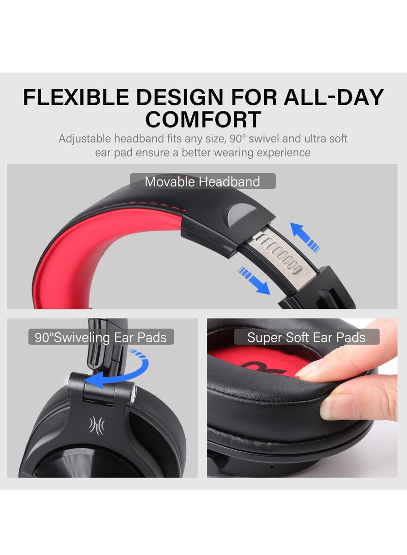 OneOdio A70 Bluetooth Over Ear Headphones, Wireless Headphones w/ 72H Playtime, Hi-Res, 3.5mm/6.35mm Wired Audio Jack for Studio Monitor & Mixing DJ Guitar AMP, Computer Laptop PC Tablet - Black Red - Image 4