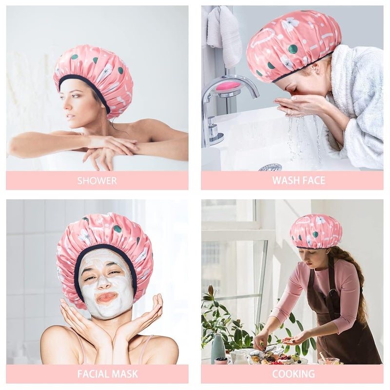 Aquior Shower Cap,Extra Large Triple Layer Bathing Cap with Dry Hair Function for Women Microfiber Terry Cloth Silky Satin 100%% Waterproof Reusable Long Hair Bath Caps (Pink Flora) - Image 5