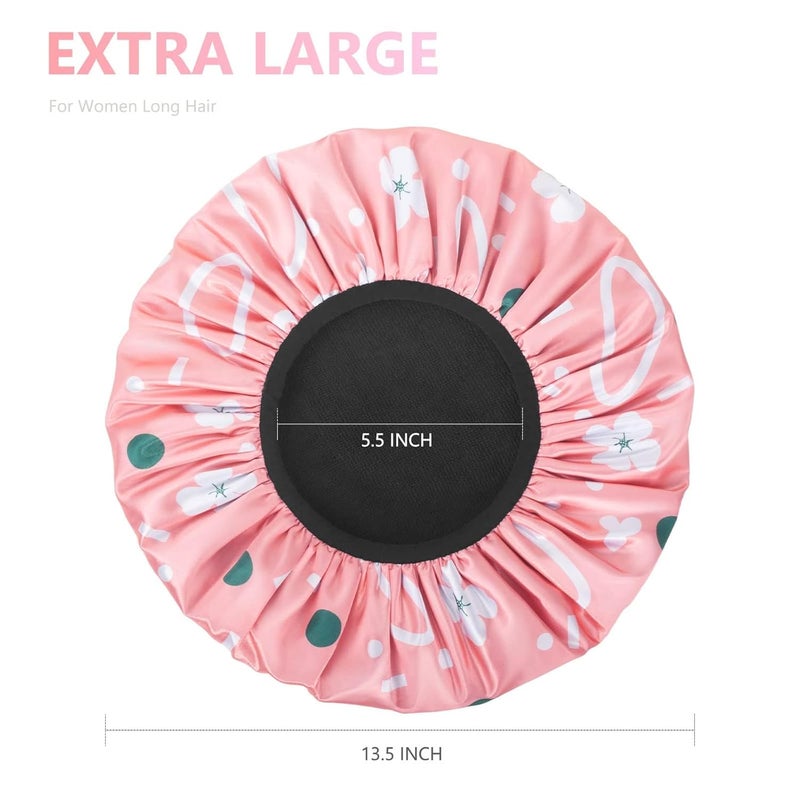 Aquior Shower Cap,Extra Large Triple Layer Bathing Cap with Dry Hair Function for Women Microfiber Terry Cloth Silky Satin 100%% Waterproof Reusable Long Hair Bath Caps (Pink Flora) - Image 2