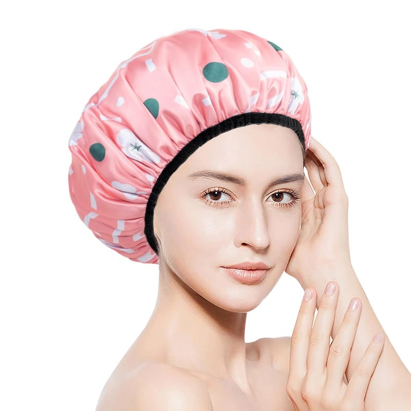 Aquior Shower Cap,Extra Large Triple Layer Bathing Cap with Dry Hair Function for Women Microfiber Terry Cloth Silky Satin 100%% Waterproof Reusable Long Hair Bath Caps (Pink Flora) - Image 4