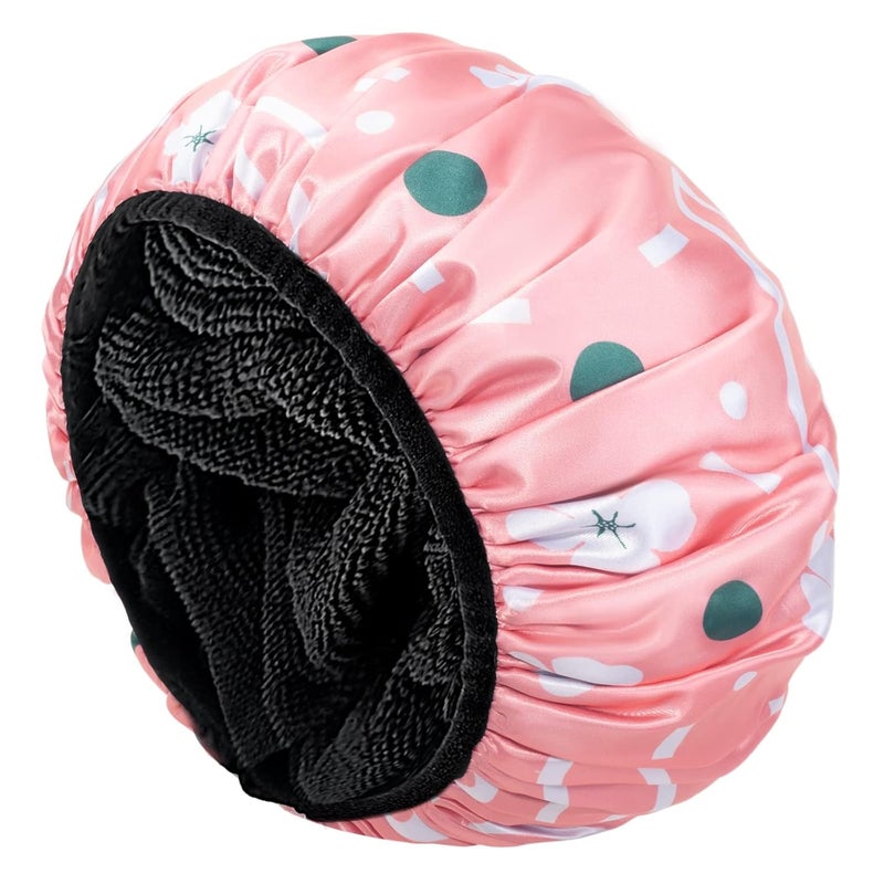 Aquior Shower Cap,Extra Large Triple Layer Bathing Cap with Dry Hair Function for Women Microfiber Terry Cloth Silky Satin 100%% Waterproof Reusable Long Hair Bath Caps (Pink Flora) - Image 1