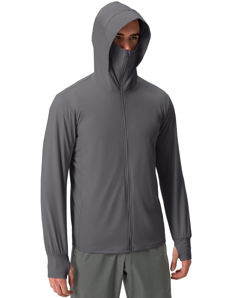 Locachy Mens UPF 50 Sun Protection Jacket Hooded Lightweight Full Zip Long Sleeve Cooling Hiking Fishing Performance Shirts Dark Grey L - Image 2
