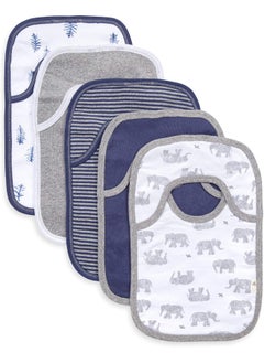 Burt's Bees Baby Burt's Bees Baby unisex-baby Bibs, Lap-shoulder Drool Cloths, 100% Organic Cotton With Absorbent Terry Towel Backing, Wandering Elephants, 5-Pack  - Image 1