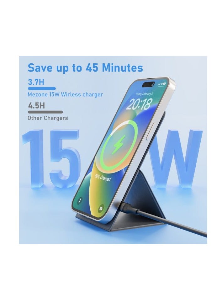 Mezone Wireless Charger, 15W Fast Wireless Charging Foldable Wireless Charger Stand for iPhone 15 14 13 12 11 X Pro Max Plus Mini, Grey - Image 2