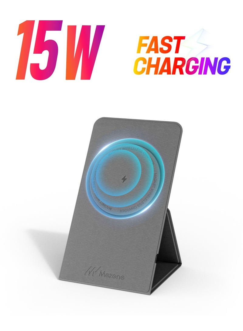 Mezone Wireless Charger, 15W Fast Wireless Charging Foldable Wireless Charger Stand for iPhone 15 14 13 12 11 X Pro Max Plus Mini, Grey - Image 1