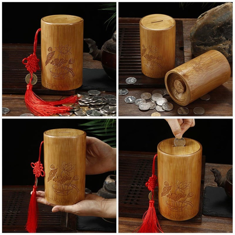 Vintage Wooden Coin Bank Large Money Saving Pot With Lid Reusable - Image 5
