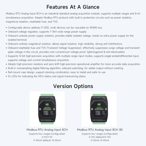 Waveshare Industrial 8-Ch Analog Acquisition Module, 12-Bit High-Precision, Supports Voltage and Current Acquisition, DC 7~36V Wide Voltage Power Supply, 8-ch Voltage Mode, 0~10V - Image 4