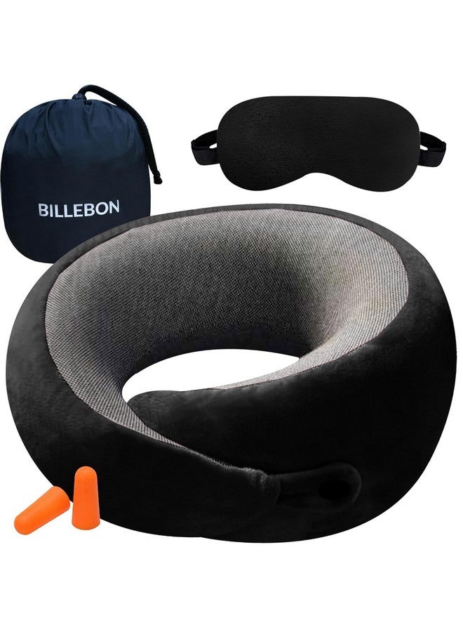 Billebon Ultrasoft Memory Foam Neck Pillow for Travel, Lightweight Comfortable & Breathable Cover, Airplane Travel Pillow Combo with Premium Eye Mask and Carry Bag. (Black) - Image 1