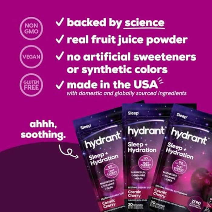 Hydrant Melatonin Free Sleep Aid Powder, Tart Cherry, Magnesium, L-theanine and GABA, Hydrate While You Sleep (Cosmic Cherry, 30 Pack) - Image 4