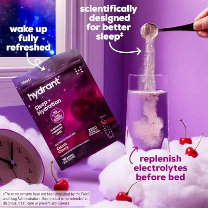 Hydrant Melatonin Free Sleep Aid Powder, Tart Cherry, Magnesium, L-theanine and GABA, Hydrate While You Sleep (Cosmic Cherry, 30 Pack) - Image 5