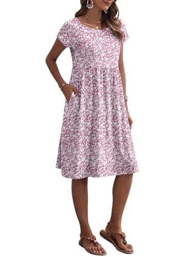 AUSELILY Women's Summer Short Sleeve Knee-Length Dresses Round Neck Loose Dress with Pockets 2026 New, Pink Tiny Flower, XL - Image 2