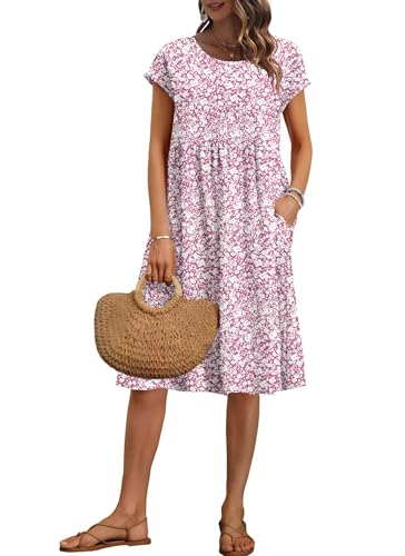 AUSELILY Women's Summer Short Sleeve Knee-Length Dresses Round Neck Loose Dress with Pockets 2026 New, Pink Tiny Flower, XL - Image 1