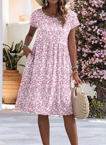 AUSELILY Women's Summer Short Sleeve Knee-Length Dresses Round Neck Loose Dress with Pockets 2026 New, Pink Tiny Flower, XL - Image 3