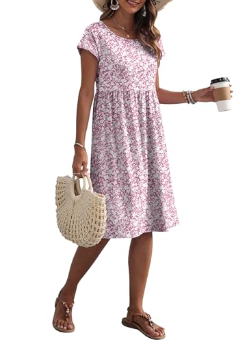 AUSELILY Women's Summer Short Sleeve Knee-Length Dresses Round Neck Loose Dress with Pockets 2026 New, Pink Tiny Flower, XL - Image 4