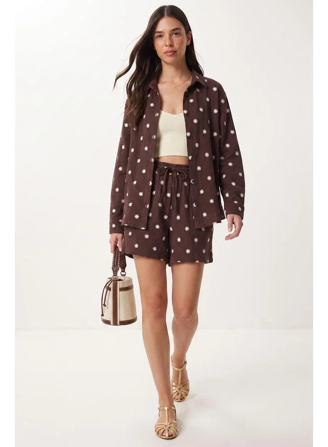Lovely Istanbul Embroidered Muslin Shirt and Shorts Set LAX0014 Brown.