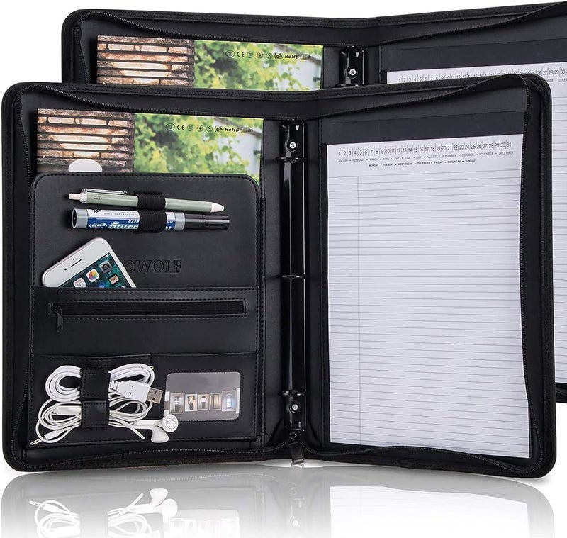 OOWOLF 【2 Pack】 Padfolio Resume Portfolio Folder, PU Leather Professional with Round Ring Binder 8.5 x 11 Inch Writing Pad Tablet Sleeve Interview Document Organizer Business Card Holder Case - Image 1
