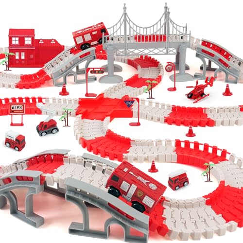 GIAT Race Car Track Toy for Kids Birthday Gift for Boys Ages 3 4 5 6 7 Year Old Flexible DIY Playset with Helicopter and Fire Truck 330 PCS Interactive Set - Image 1