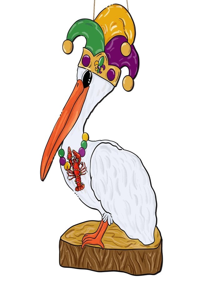 Yewfold Mardi Gras Front Door Sign Decor New Orleans Carnival Pelican Wooden Hanging Sign Mardi Gras Wood Hanger Masquerade for Holiday Indoor Outdoor Wall Window Decoration - Image 1
